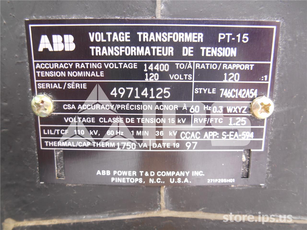 746C142A54 ABB 1201 PT15 POTENTIAL TRANSFORMER 15KV, 110KV BIL, 14400